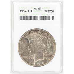 1934-S $1 Peace Silver Dollar Coin ANACS MS61