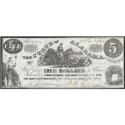 1864 $5 State of Alabama Obsolete Bank Note Civil War Era