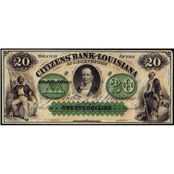 1800's $20 Citizens Bank of Louisiana Obsolete Bank Note