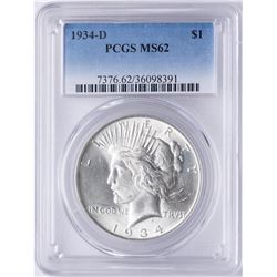 1934-D $1 Peace Silver Dollar Coin PCGS MS62