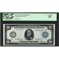 1914 $20 Federal Reserve Note Minneapolis Fr.996 PCGS Very Fine 35