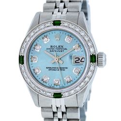 Rolex Ladies Stainless Steel Sky Blue Diamond & Emerald Datejust Wristwatch