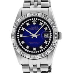 Rolex Mens Stainless Steel Blue Vignette Pyramid Diamond Bezel Datejust Wristwat