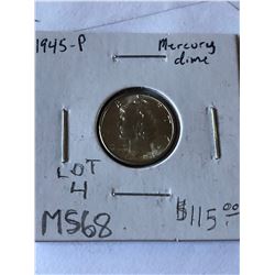 Rare 1945 P Mercury Silver Dime MS68 High Grade