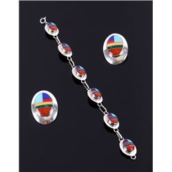 Zuni Sterling Silver Inlaid Bracelet and Earrings