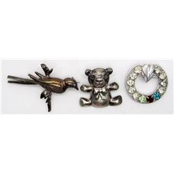 3-STERLING BROOCHES/PINS: (1)BEAR, (1)BIRD &