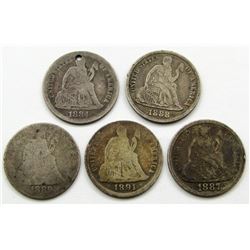 5- SEATED DIMES: 1888-S, 1887, 1888,