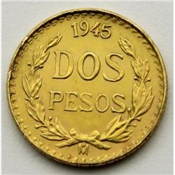 1945 GOLD MEXICAN 2 PESO UNC