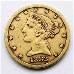 1882-S LIBERTY $5 GOLD HALF EAGLE