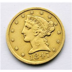 1847 LIBERTY $5 GOLD HALF EAGLE
