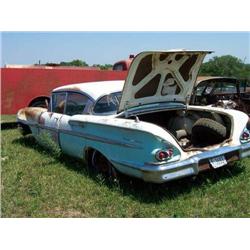 1958 CHEVROLET BELAIR 4DR HT, BLUE-WHITE, HIT IN 