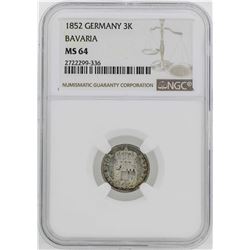 1852 Germany Bavaria 3 Kreuzer Coin NGC MS64