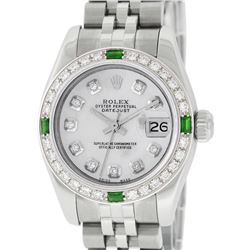 Rolex Ladies Stainless Steel Quickset Mother Of Pearl Diamond & Emerald Datejust