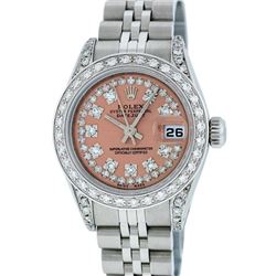 Rolex Ladies Stainless Steel 26MM Salmon String Diamond Lugs Datejust Wristwatch