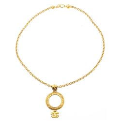 Chanel Gold Chain CC Round Magnify Glass Drop Pendant Vintage Necklace 95A