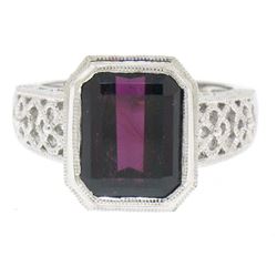 14k White Gold Filigree Ring w/ Large Emerald Cut Deep Wine Red Rhodolite Garnet