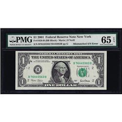 2001 $1 Federal Reserve Note Mismatched Serial Number ERROR PMG Gem Unc. 65EPQ