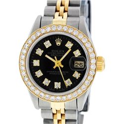 Rolex Ladies 2 Tone 14K Black Diamond Bezel & 1 ctw Bezel Datejust