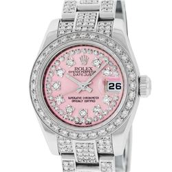 Rolex Ladies Stainless Steel Pink 5 ctw Diamond Datejust Wristwatch With Rolex B