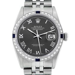 Rolex Mens Stainless Steel Dark Rhodium Roman Diamond & Sapphire Datejust Wristw