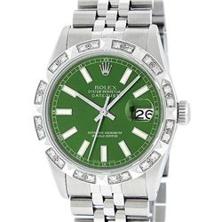 Rolex Mens Stainless Steel 36MM Green Index Pyramid Diamond Datejust Wristwatch