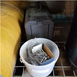 WHITE PAIL FULL OF BOLTS, SCREWS, AND OTHER FASTENERS, AND GREY TOOL BOX W/ CONTENTS