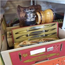 CARVING SET, BONGOS, CERAMIC FOOT WARMER, AND COLLECTIBLES
