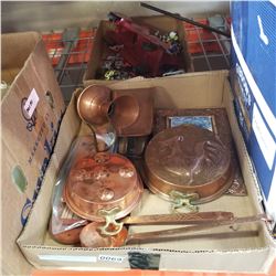 TRAY OF COPPER DECOR, ANTIQUE TOY FIRE TRUCK, AND HOT WHEELS CARS