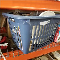 2 BOXES OF KITCHEN ITEMS AND BIN OF POTS AND GLASSWARE