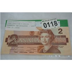 1986 CANADIAN 2 DOLLAR BANKNOTE UNCIRCULATED - LAST YEAR OF ISSUE