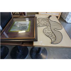WIRE ABSTRACT ART ON BOARD AND CASTLE PRINT IN FRAME