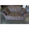 Image 1 : UPHOLSTERED LOVE SEAT W/ BOOKSHELF PATTERN FABRIC