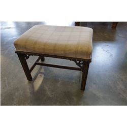 WOODEN CARVED STOOL W/ BEIGE CUSHIONS