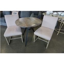 ROUND WOOD AND METAL BASE TABLE AND 2 DINING CHAIRS