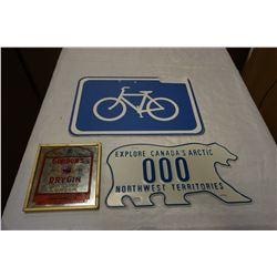 MIRRORED GIN ADVERT, NORTHWEST TERRITORIES PLATE, AND BIKE SIGN