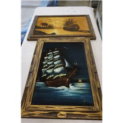 2 VELVET SHIP PAINTINGS