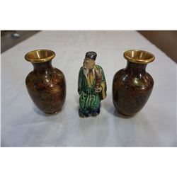 PAIR OF CLOISONNE VASES AND AS IS MUDMAN FIGURE