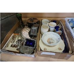 LOT OF SILVER PLATE, DRESSER BOXES, VASE, CUTLERY, AND ROYALTY CHINA