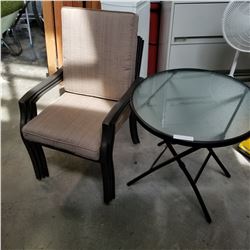 HAMPTON BAY FOLDING PATIO TABLE W/ 3 STACKING CHAIRS, 2 CUSHIONS