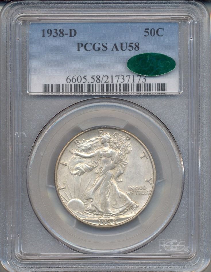 1938D Walking Liberty Half Dollar Coin PCGS AU58 CAC