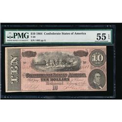 1864 $10 Confederate States of America Note PMG 55EPQ