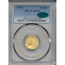 1910 $2.5 Indian Head Quarter Eagle Gold Coin PCGS MS62 CAC