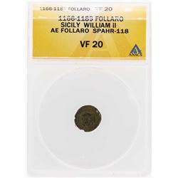 1166-1189 Sicily William II Ae Follaro Coin ANACS VF20