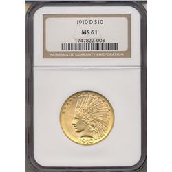 1910-D $10 Indian Head Eagle Gold Coin NGC MS61