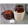 Image 1 : LOT OF 2 POTTERY ITEMS (BROWN BEAN POT & FOOD PRESERVER CROCK)