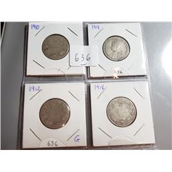 1910, 1912, 1914, 1918 SILVER 25 CENT COINS