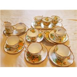 ROYAL ALBERT TEAROSE 8 CUP SAUCERS, CREAM & SUGAR