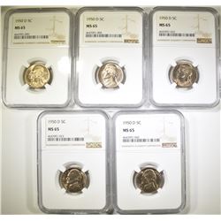 5 - 1950 D JEFFERSON NICKELS NGC MS65