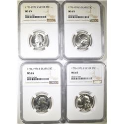 4-1976-S SILVER WASHINGTION QUARTERS, NGC MS-65