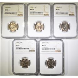 5 - 1950 D JEFFERSON NICKELS NGC MS65
